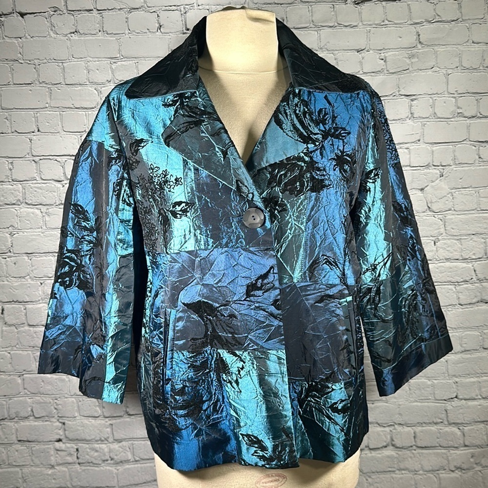 Susan Graver one button Teal Black Velvet evening light Jacket Blazer Medium NEW
